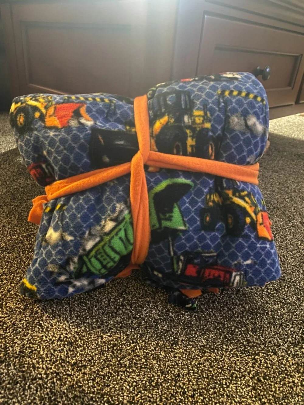Handmade Construction Truck Fleece Blanket Blue & Orange Kids Baby, 52x43